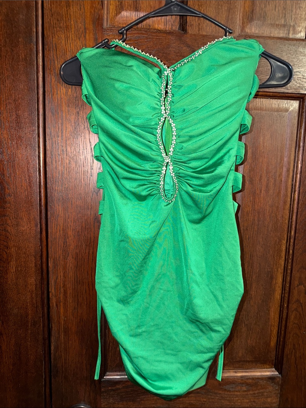 Strapless Emerald Green Ruched Mini Dress with Beaded Detail